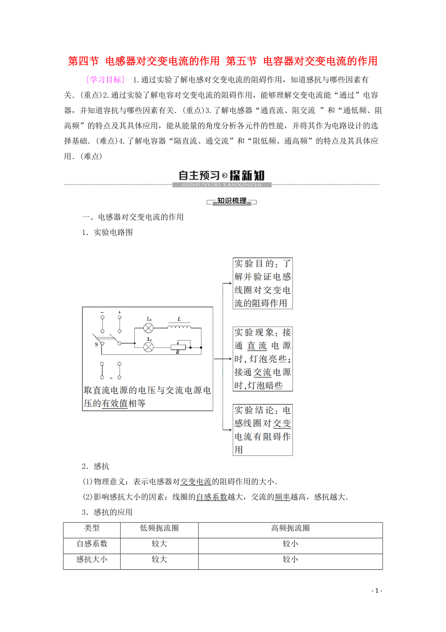 2019-2020學(xué)年高中物理 第2章 交變電流 第4節(jié) 電感器對(duì)交變電流的作用 第5節(jié) 電容器對(duì)交變電流的作用學(xué)案 粵教版選修3-2_第1頁(yè)