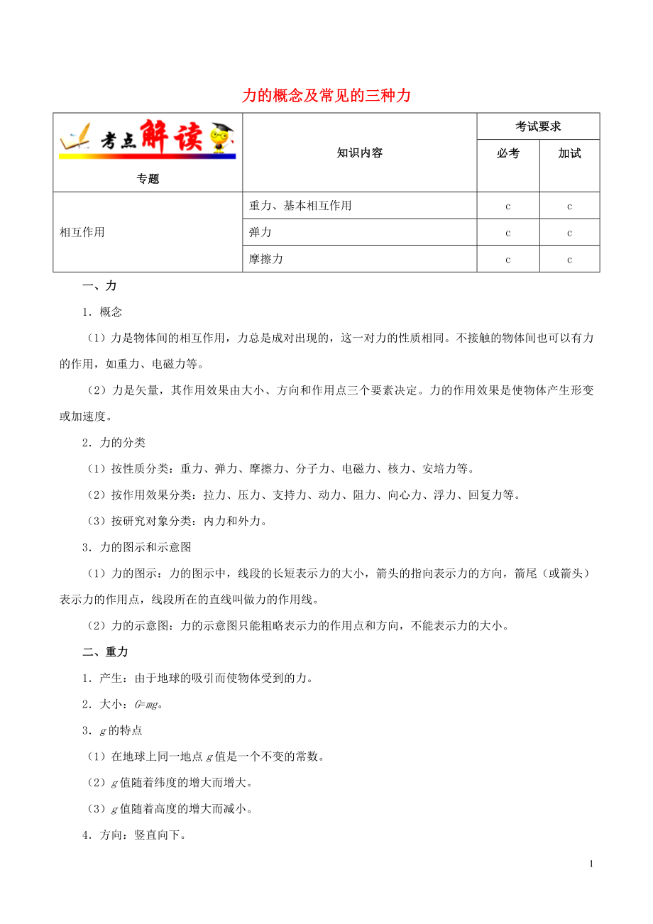 浙江新高考備戰(zhàn)2020年高考物理 考點(diǎn)一遍過 考點(diǎn)04 力的概念及常見的三種力（含解析）_第1頁