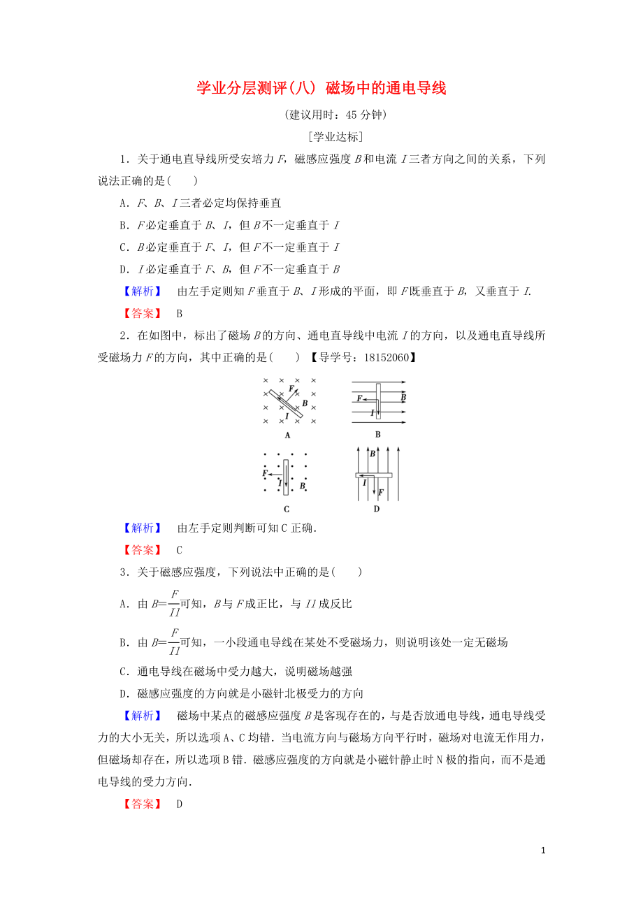 2018版高中物理 第3章 打開電磁學(xué)的大門 學(xué)業(yè)分層測評8 磁場中的通電導(dǎo)線 魯科版選修1-1_第1頁