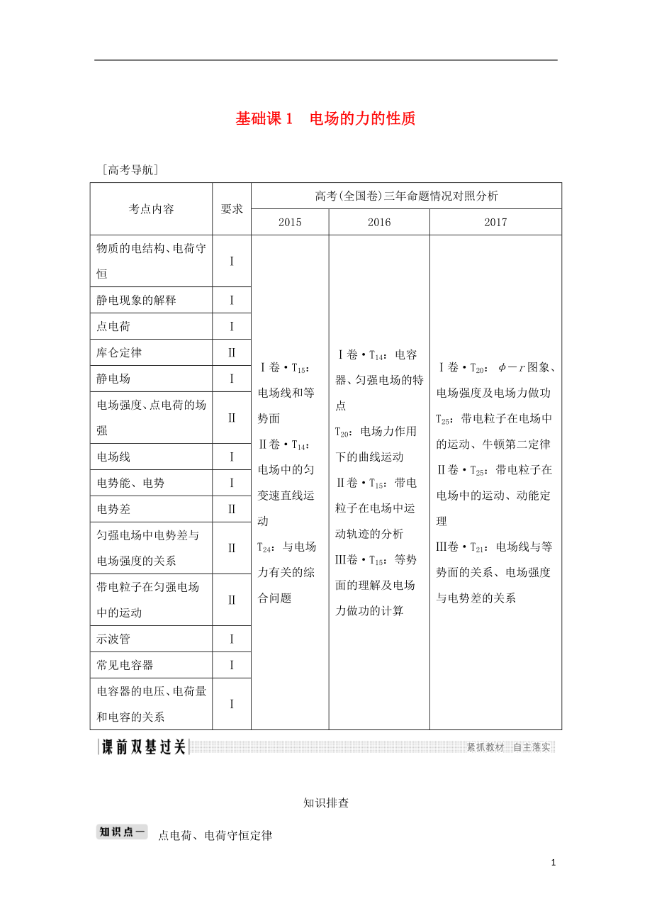 2019版高考物理總復習 第七章靜電場 基礎課1 電場的力的性質學案_第1頁