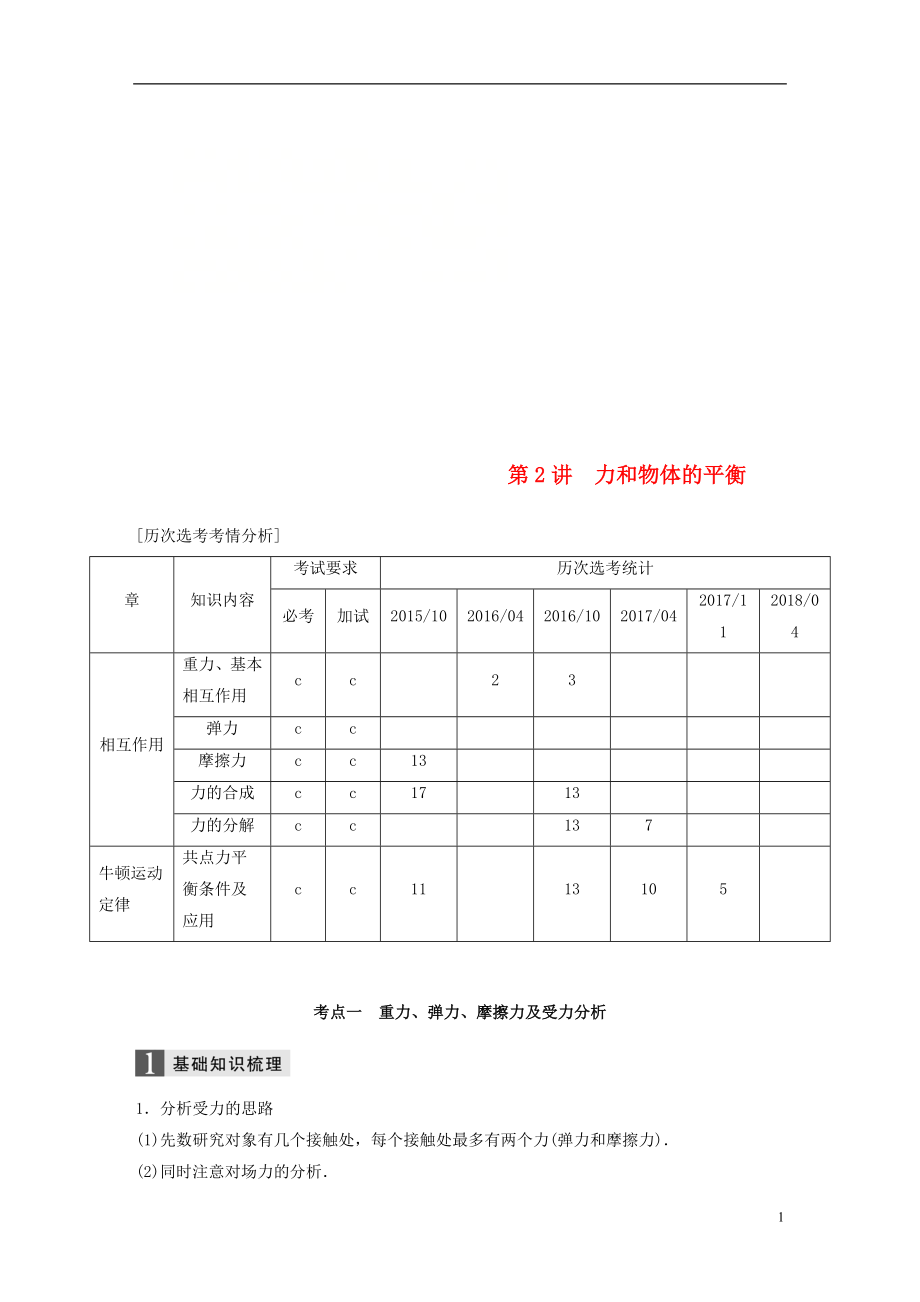 （浙江選考）2019高考物理二輪復(fù)習(xí) 專題一 力與運(yùn)動(dòng) 第2講 力和物體的平衡學(xué)案_第1頁