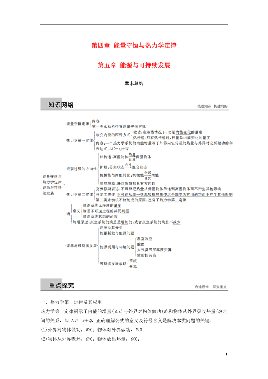 2018-2019版高中物理 第四章 能量守恒與熱力學(xué)定律 第五章 能源與可持續(xù)發(fā)展章末總結(jié)學(xué)案 教科版選修3-3_第1頁(yè)