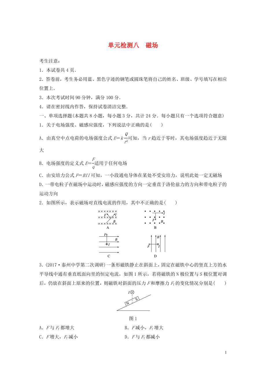 （江蘇專用）2019高考物理一輪復(fù)習(xí) 單元檢測(cè)八 磁場(chǎng)_第1頁