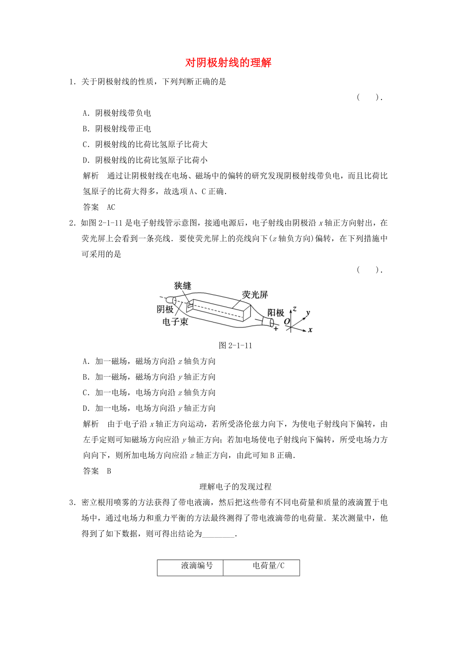 2013-2014高中物理 2.1 對陰極射線的理解課堂演練 教科版選修_第1頁