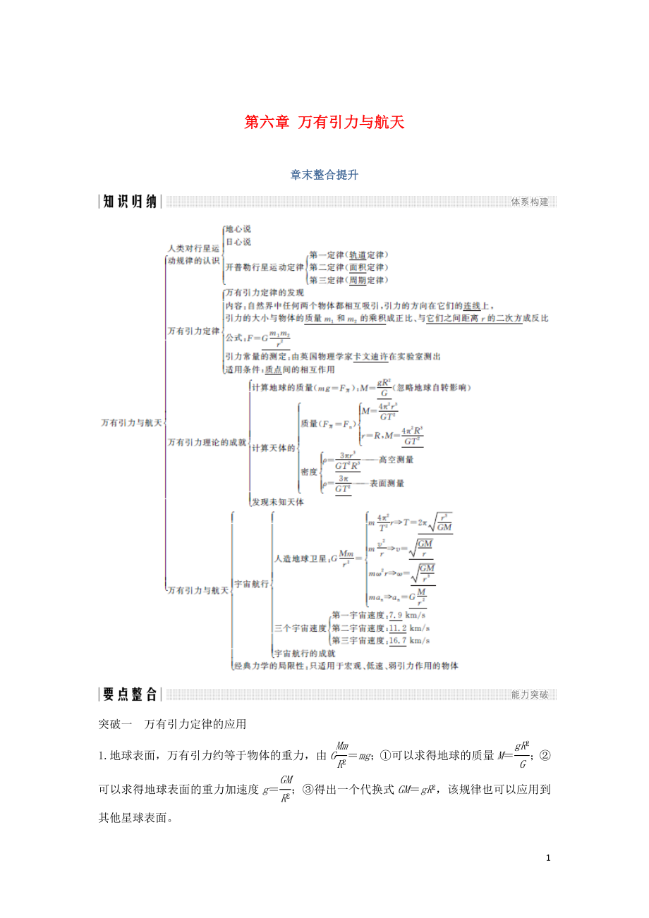 （浙江專用）2018-2019學(xué)年高中物理 第六章 萬有引力與航天章末整合提升學(xué)案 新人教版必修2_第1頁