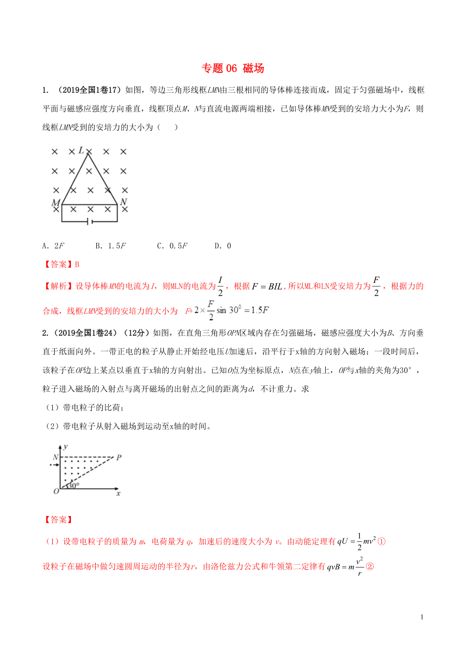 2019年高考物理 真題同步分類解析 專題06 磁場（含解析）_第1頁