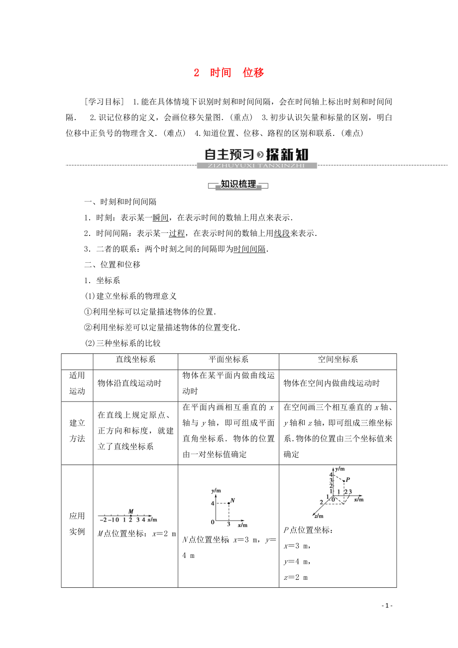 2019-2020学年新教材高中物理 第一章 运动的描述 2 时间 位移学案 新人教版必修1_第1页