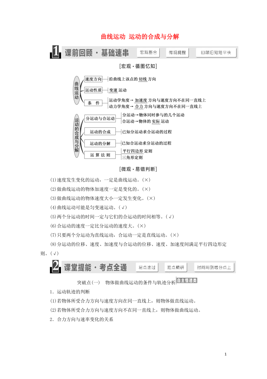 （江蘇專版）2020版高考物理一輪復(fù)習(xí) 第四章 第1節(jié) 曲線運動 運動的合成與分解講義（含解析）_第1頁