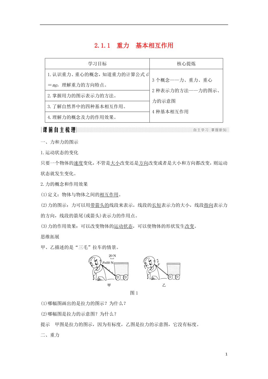 （通用版）2018-2019版高考物理總復(fù)習(xí) 主題二 相互作用與運(yùn)動(dòng)定律 2.1.1重力 基本相互作用學(xué)案 新人教版_第1頁(yè)