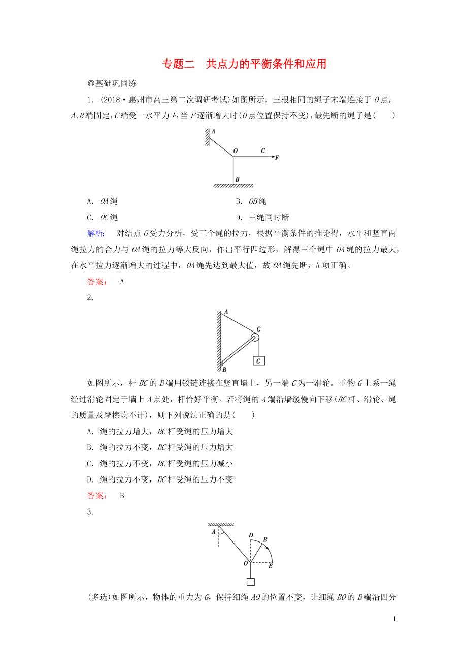 2019高考物理大一輪復習 第2章 專題二 共點力的平衡條件和應用精練（含解析）_第1頁