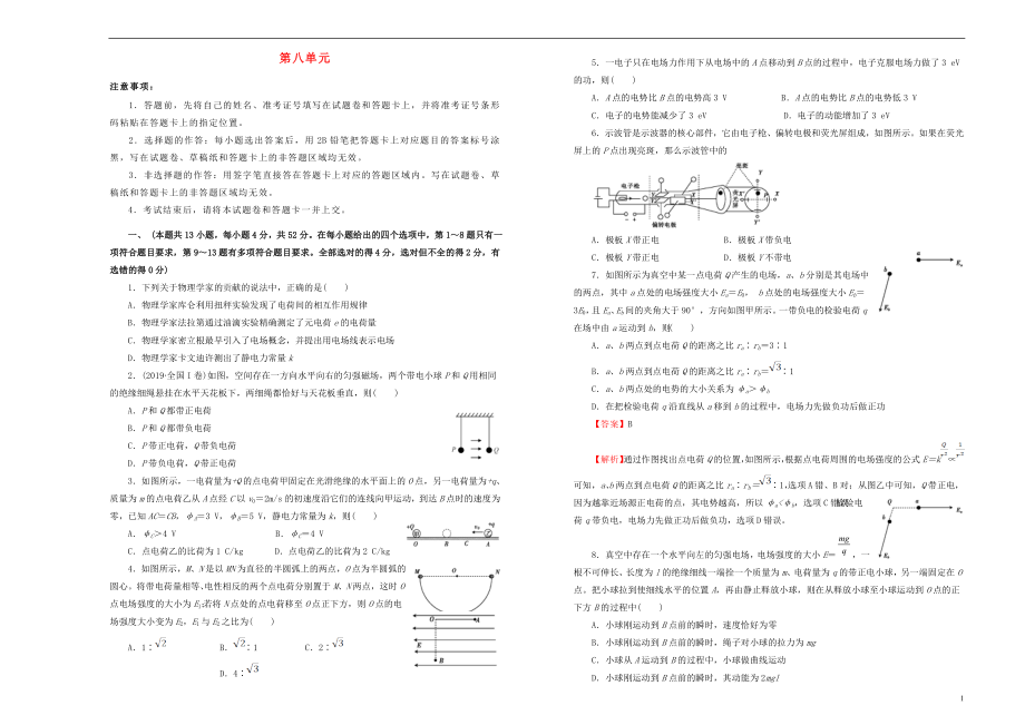 備戰(zhàn)2020年高考物理一輪復習 單元訓練金卷 第八單元 靜電場A卷（含解析）_第1頁