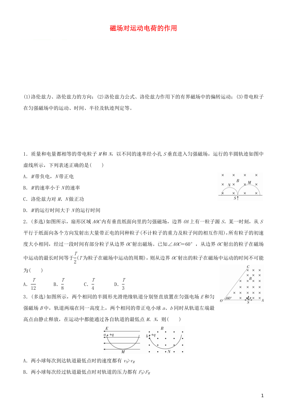 2020屆高考物理二輪復(fù)習(xí) 瘋狂專練15 磁場對運動電荷的作用（含解析）_第1頁