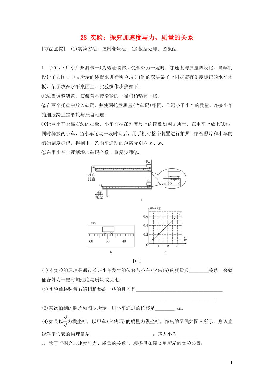 （江蘇專用）2019高考物理一輪復(fù)習(xí) 第三章 牛頓運動定律 課時28 實驗：探究加速度與力、質(zhì)量的關(guān)系加練半小時_第1頁