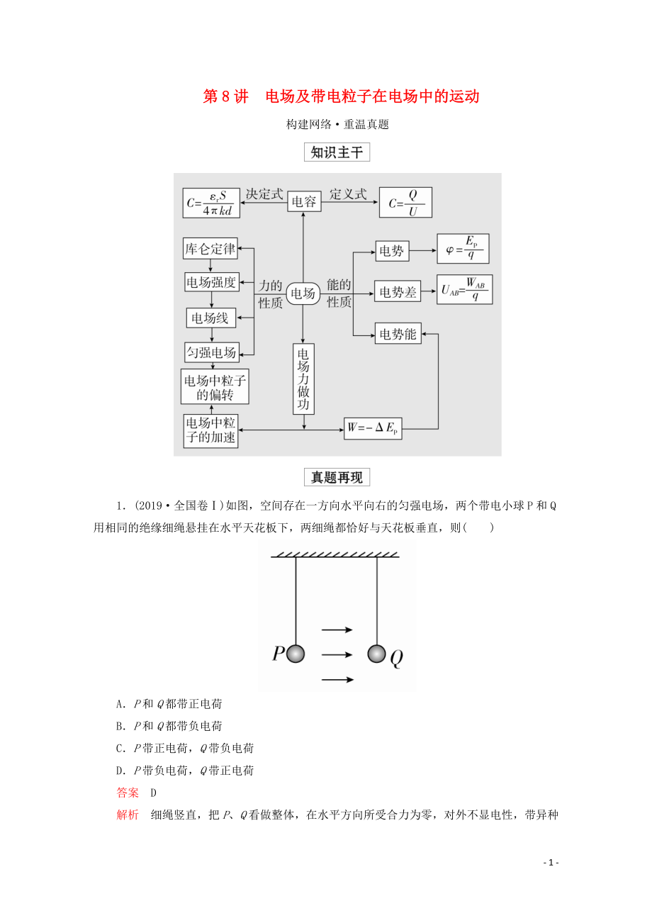 2020屆高考物理二輪復(fù)習(xí) 第一部分 專題三 電場(chǎng)和磁場(chǎng) 第8講 電場(chǎng)及帶電粒子在電場(chǎng)中的運(yùn)動(dòng)練習(xí)（含解析）_第1頁(yè)