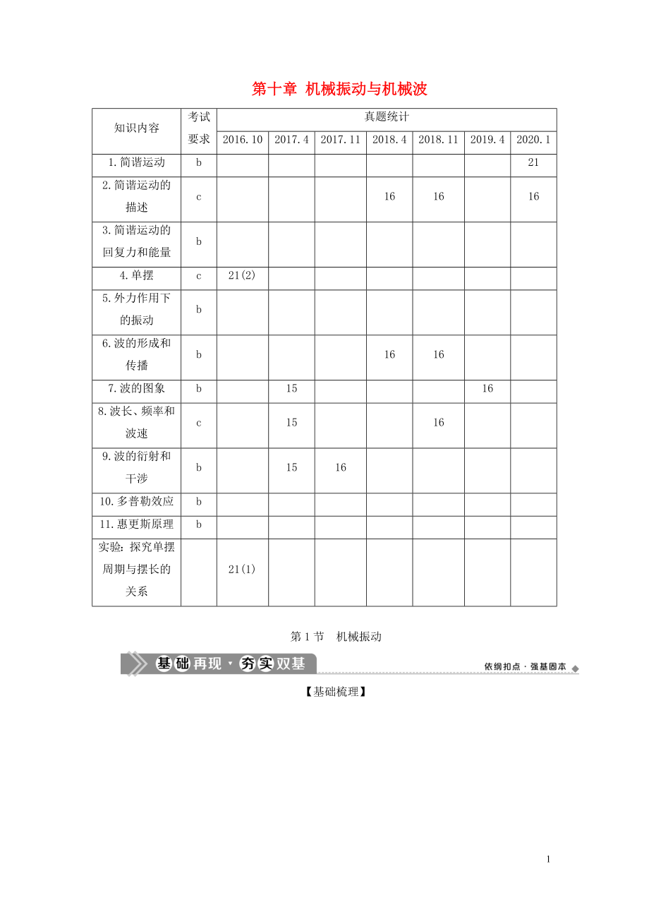 （浙江选考）2021版新高考物理一轮复习 13 第十章 机械振动与机械波 1 第1节 机械振动教学案_第1页