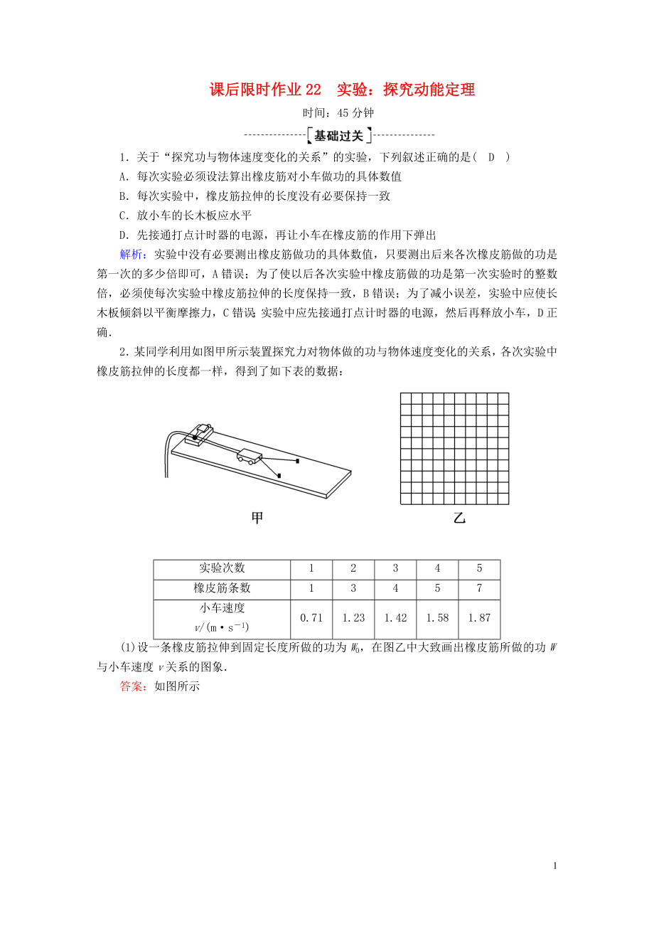 2020版高考物理一輪復(fù)習(xí) 課后限時作業(yè)22 實驗：探究動能定理（含解析）新人教版_第1頁