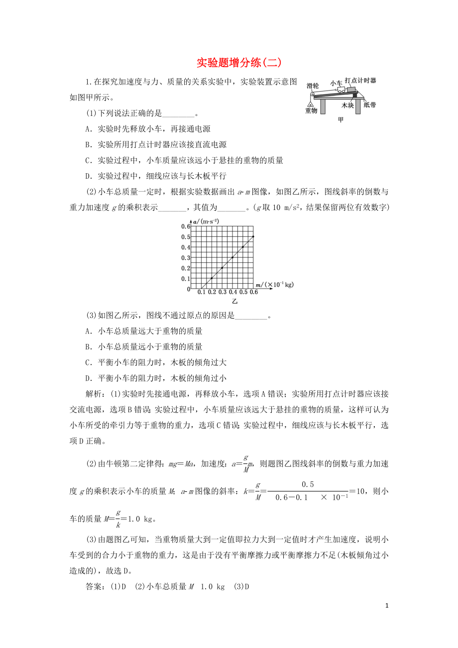 （江苏专版）2019版高考物理二轮复习 实验题增分练（二）（含解析）_第1页