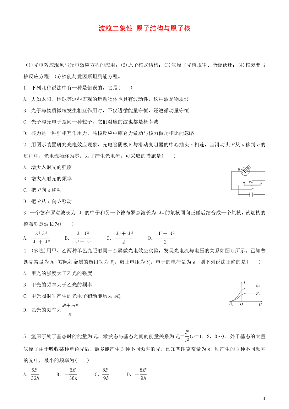 2020屆高考物理二輪復習 瘋狂專練20 波粒二象性 原子結構與原子核（含解析）_第1頁