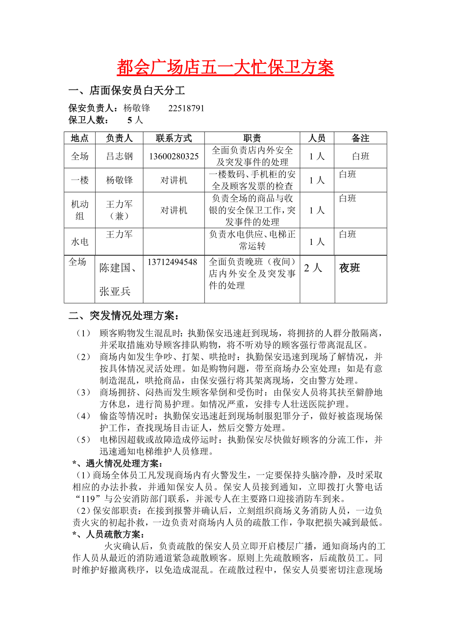 都会广场店五一保卫方案_第1页