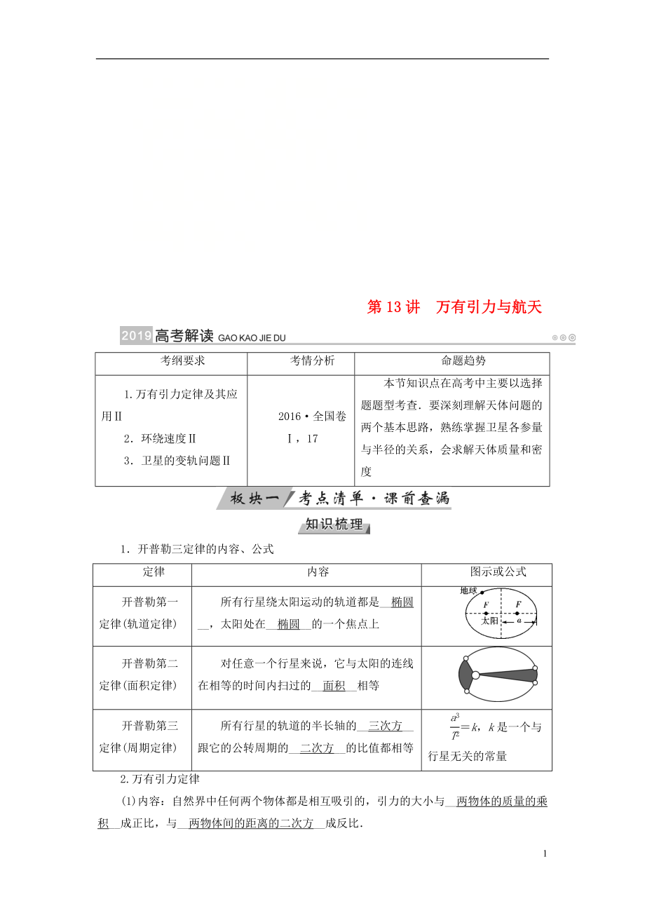 （全国通用版）2019版高考物理大一轮复习 第四章 曲线运动 万有引力与航天 第13讲 万有引力与航天学案_第1页