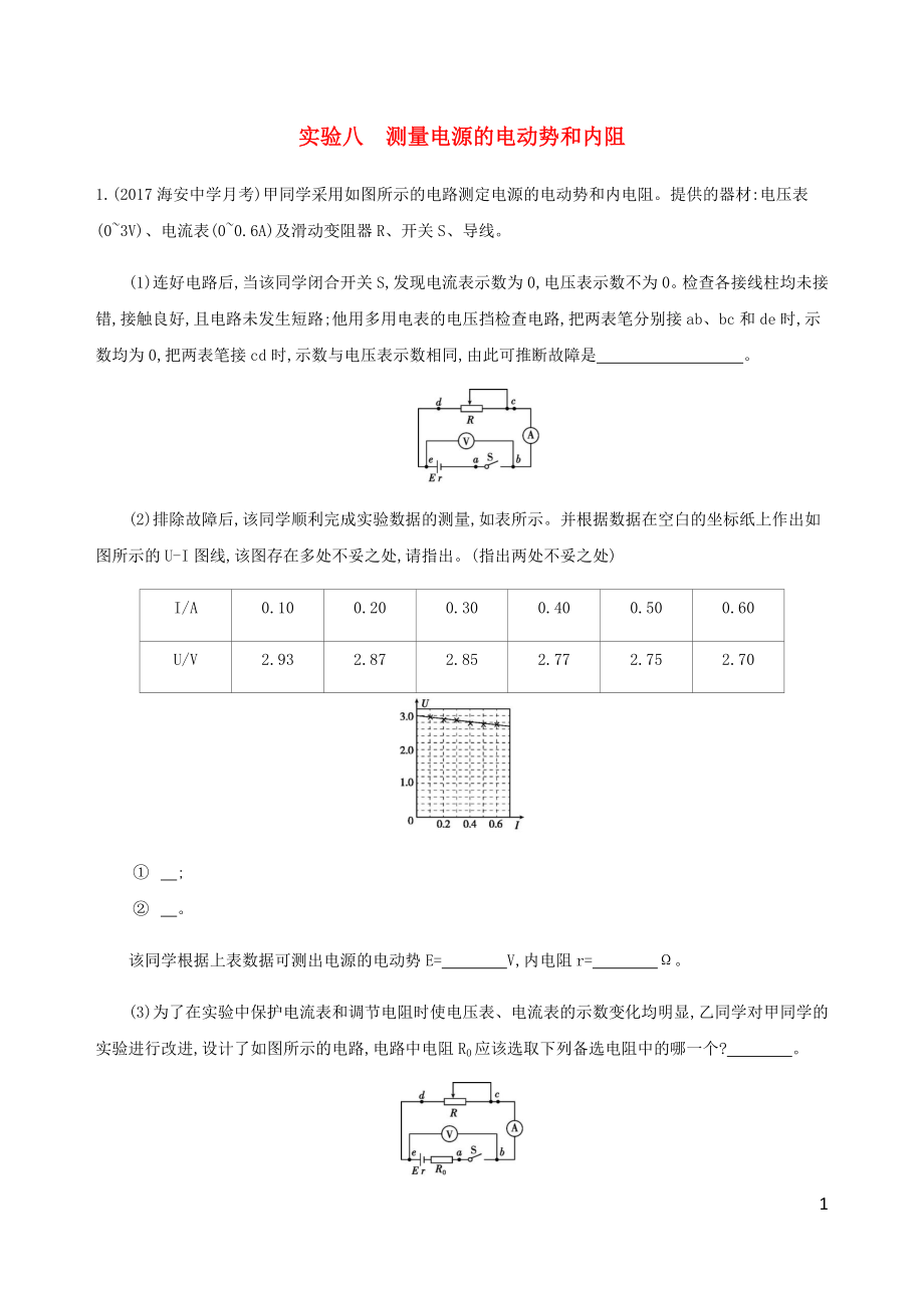 （江蘇專用版）2020版高考物理總復(fù)習(xí) 第七章 實(shí)驗(yàn)八 測(cè)量電源的電動(dòng)勢(shì)和內(nèi)阻練習(xí)（含解析）_第1頁