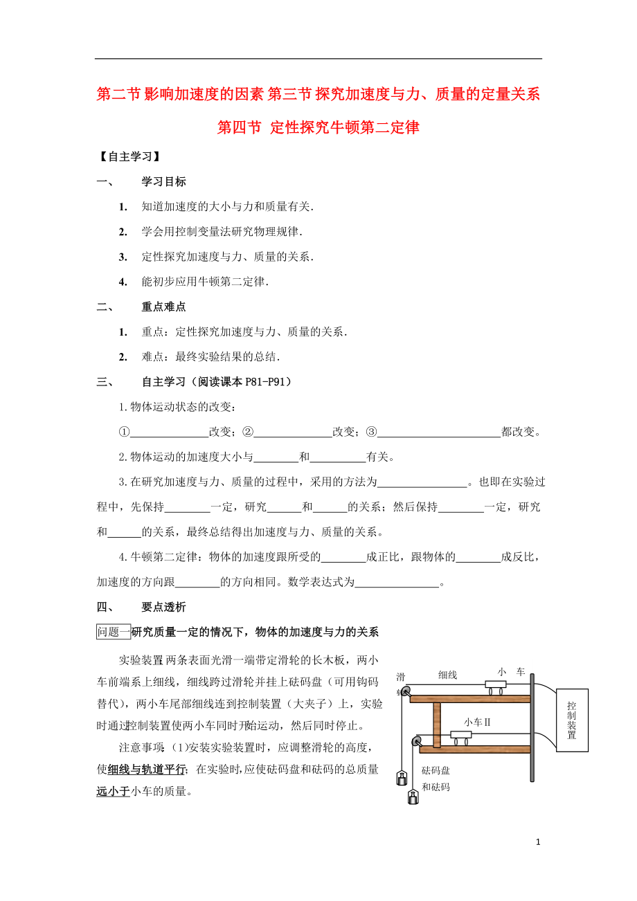 廣東省惠州市高中物理 第四章 力與運(yùn)動(dòng) 第二節(jié) 影響加速度的因素 第三節(jié) 探究加速度與力、質(zhì)量的定量關(guān)系 第四節(jié) 定性探究牛頓第二定律導(dǎo)學(xué)案（無(wú)答案）粵教版必修1_第1頁(yè)