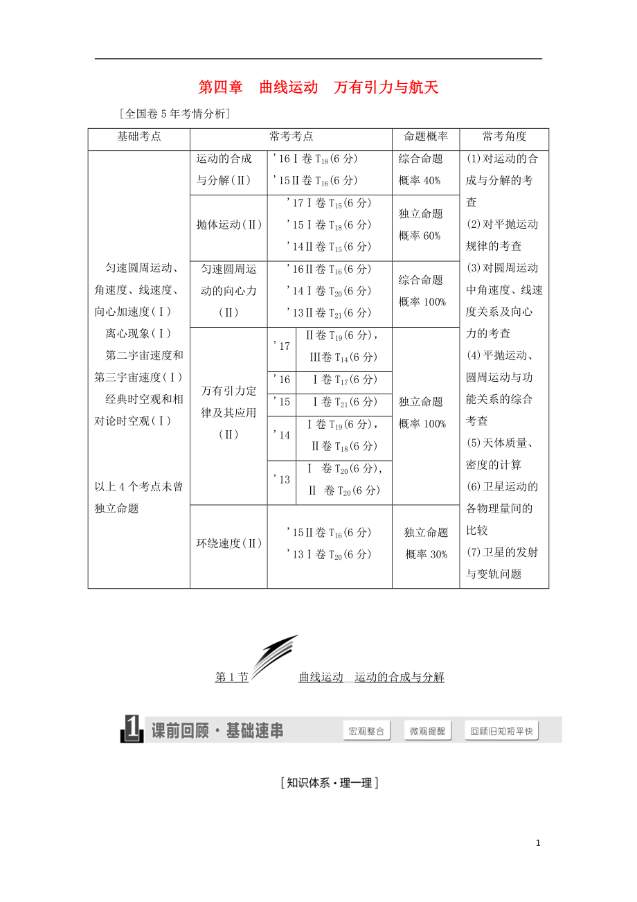 2019届高考物理一轮复习 第四章 曲线运动 万有引力与航天学案_第1页