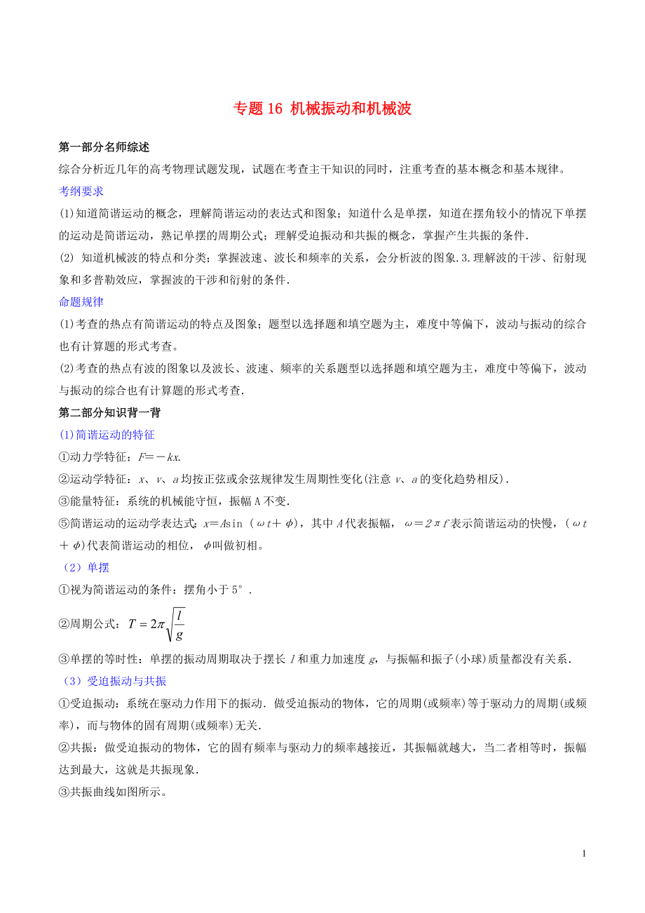 2019年高考物理備考 中等生百日捷進(jìn)提升系列 專題16 機(jī)械振動(dòng)和機(jī)械波（含解析）_第1頁(yè)