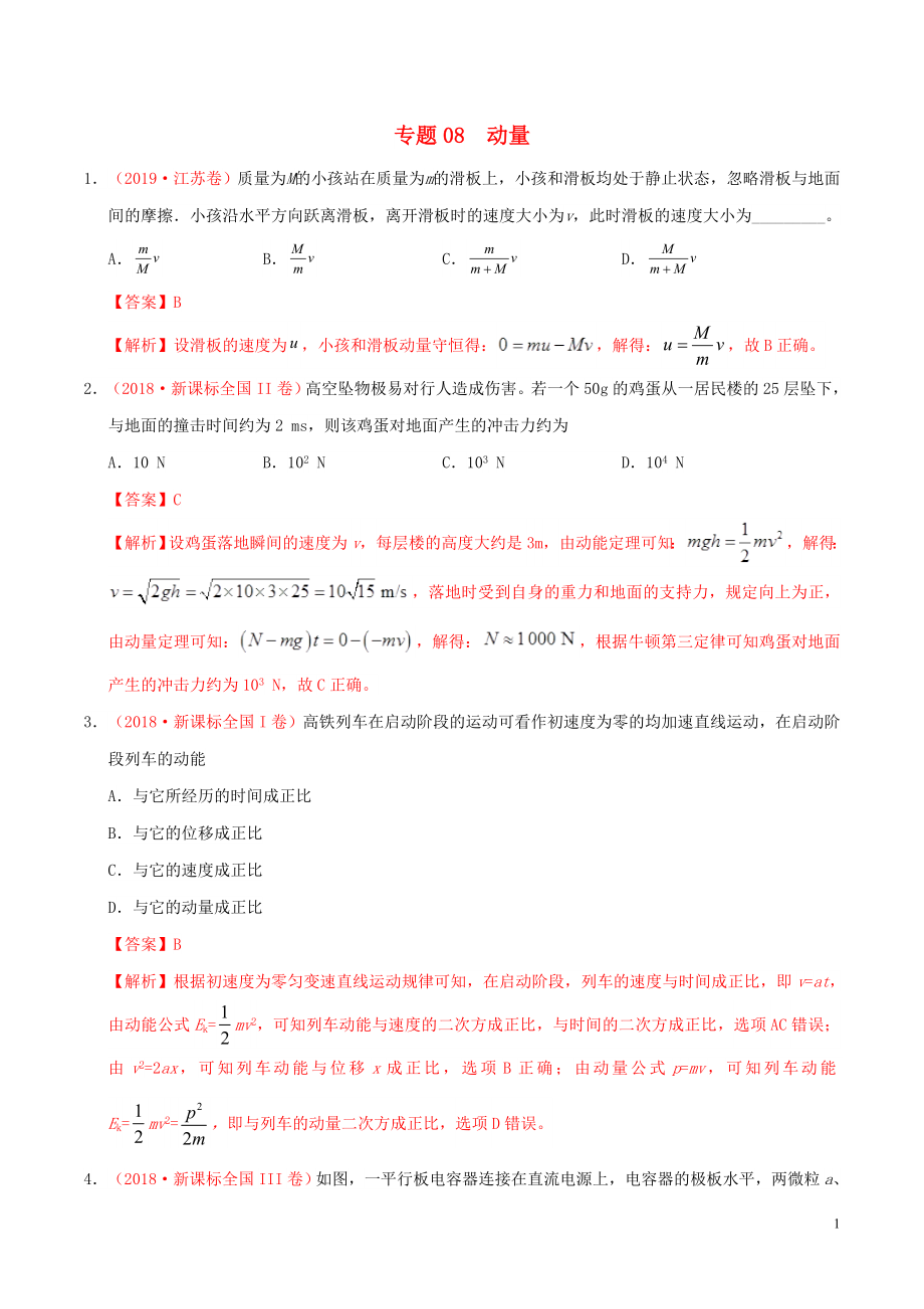 三年高考（2017-2019）高考物理真題分項(xiàng)匯編 專題08 動量（含解析）_第1頁