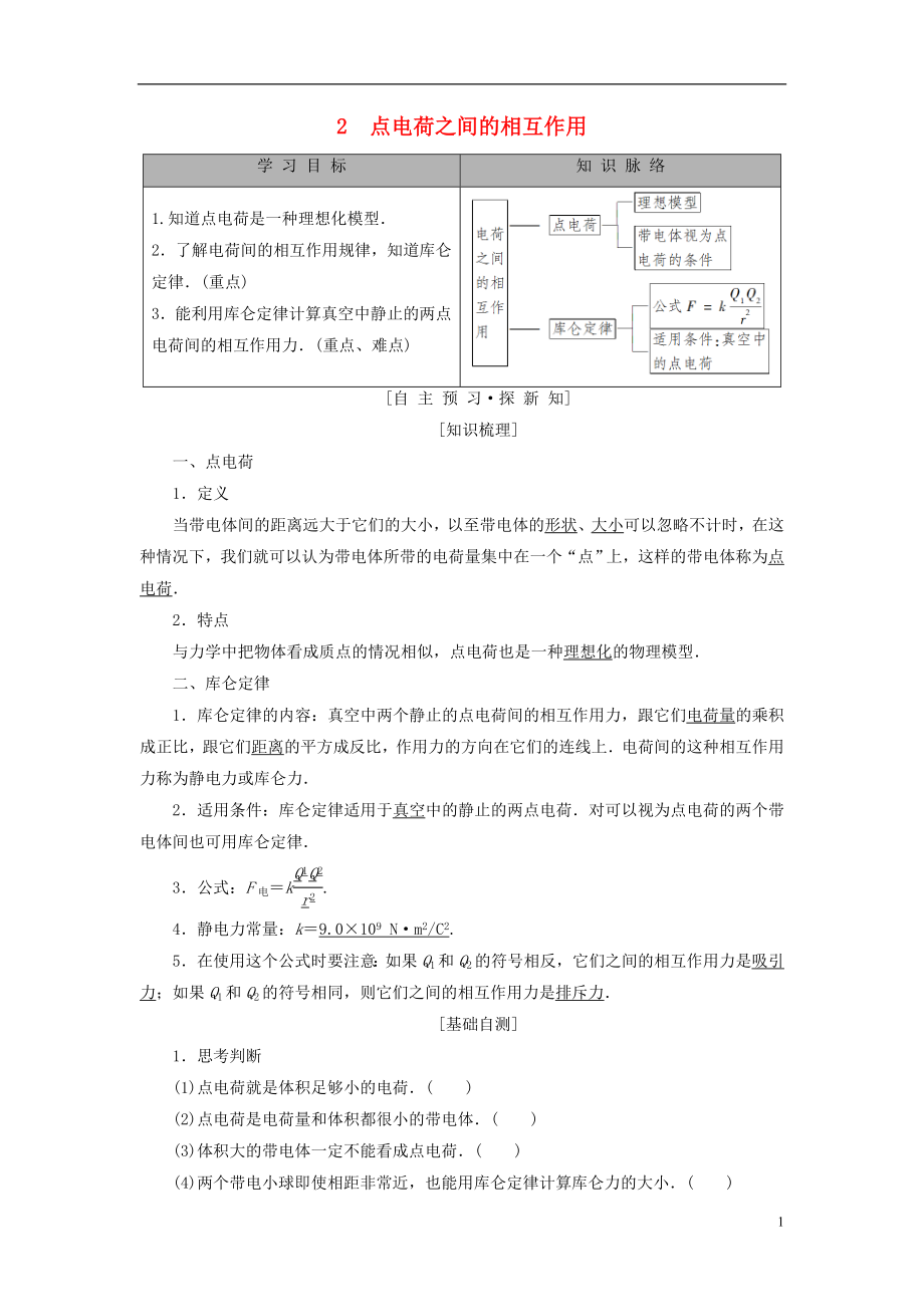 2018-2019學(xué)年高中物理 第一章 電荷與電場 2 點電荷之間的相互作用學(xué)案 教科版選修1-1_第1頁