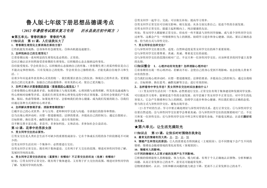 魯人版七年級下冊思想品德課考點_第1頁