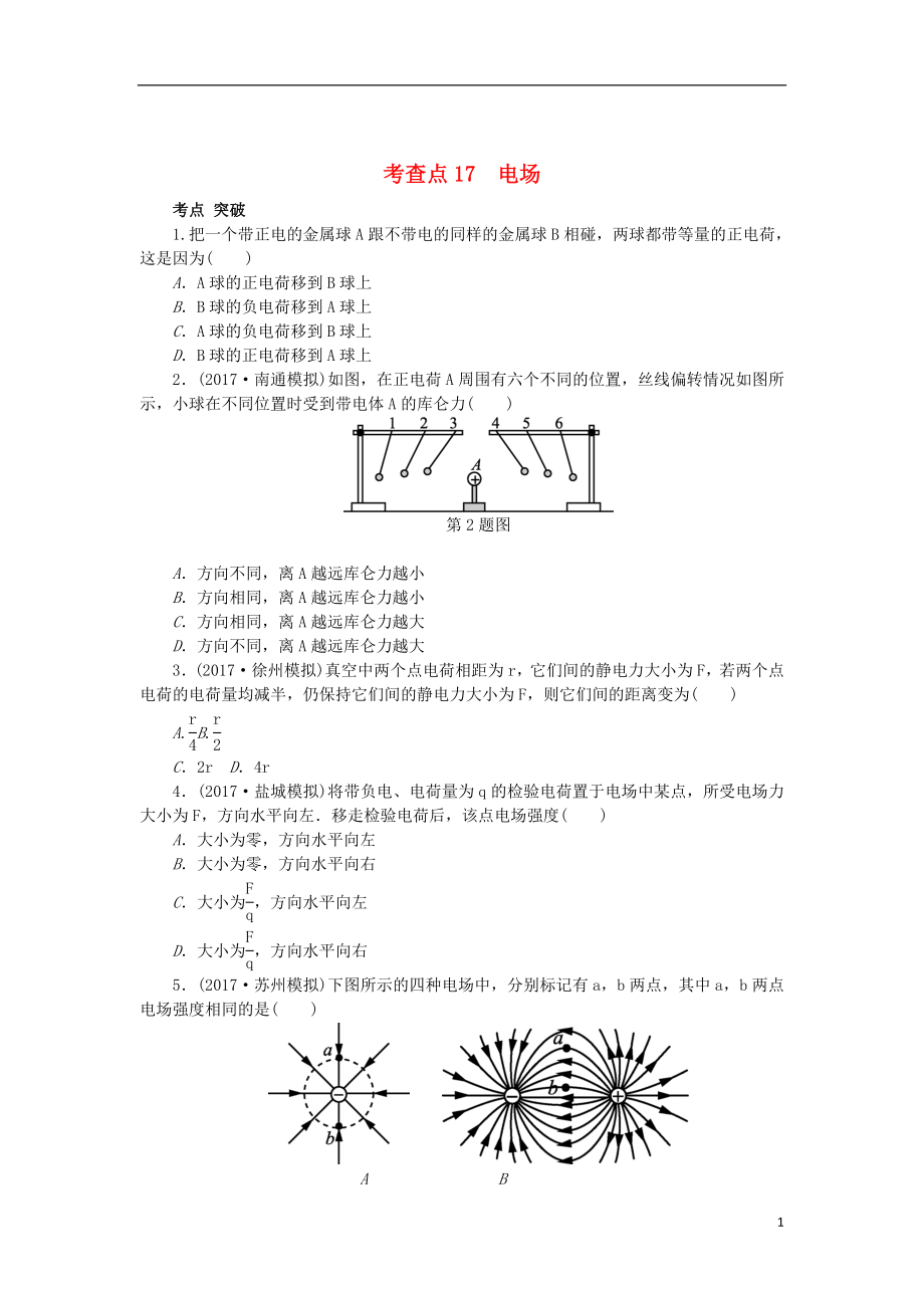 2019高考物理總復習 考查點17 電場練習（無答案）_第1頁