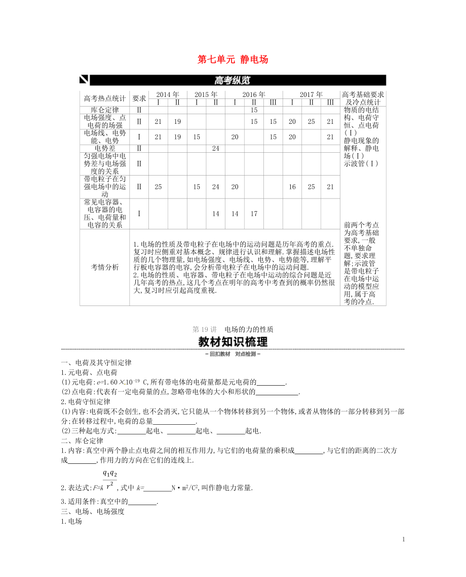 （江蘇專用）2019版高考物理大一輪復(fù)習(xí) 第7單元 靜電場學(xué)案_第1頁