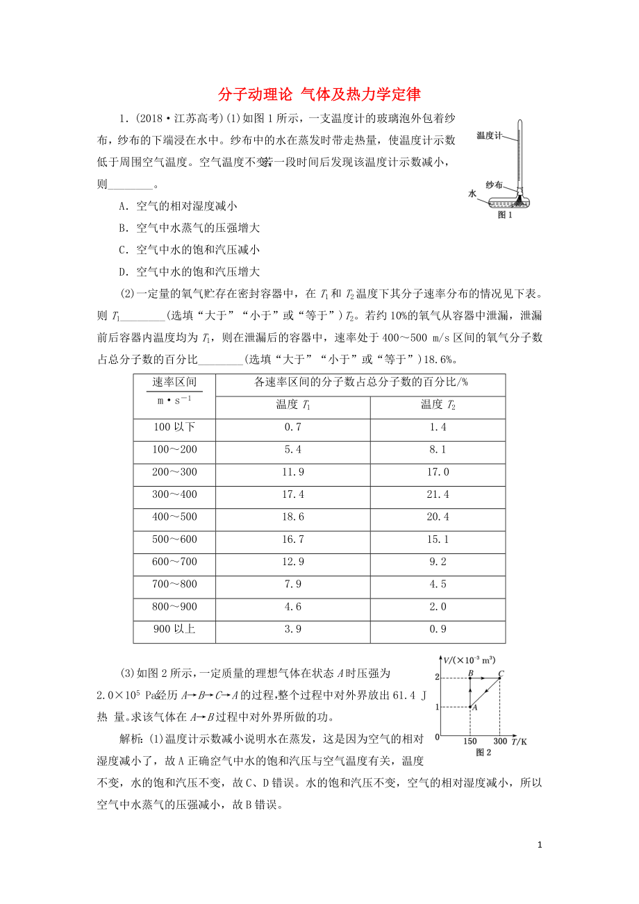 （江蘇專版）2019版高考物理二輪復(fù)習(xí) 專題七 第一講 分子動(dòng)理論 氣體及熱力學(xué)定律課后達(dá)標(biāo)檢測(cè)卷（含解析）_第1頁(yè)