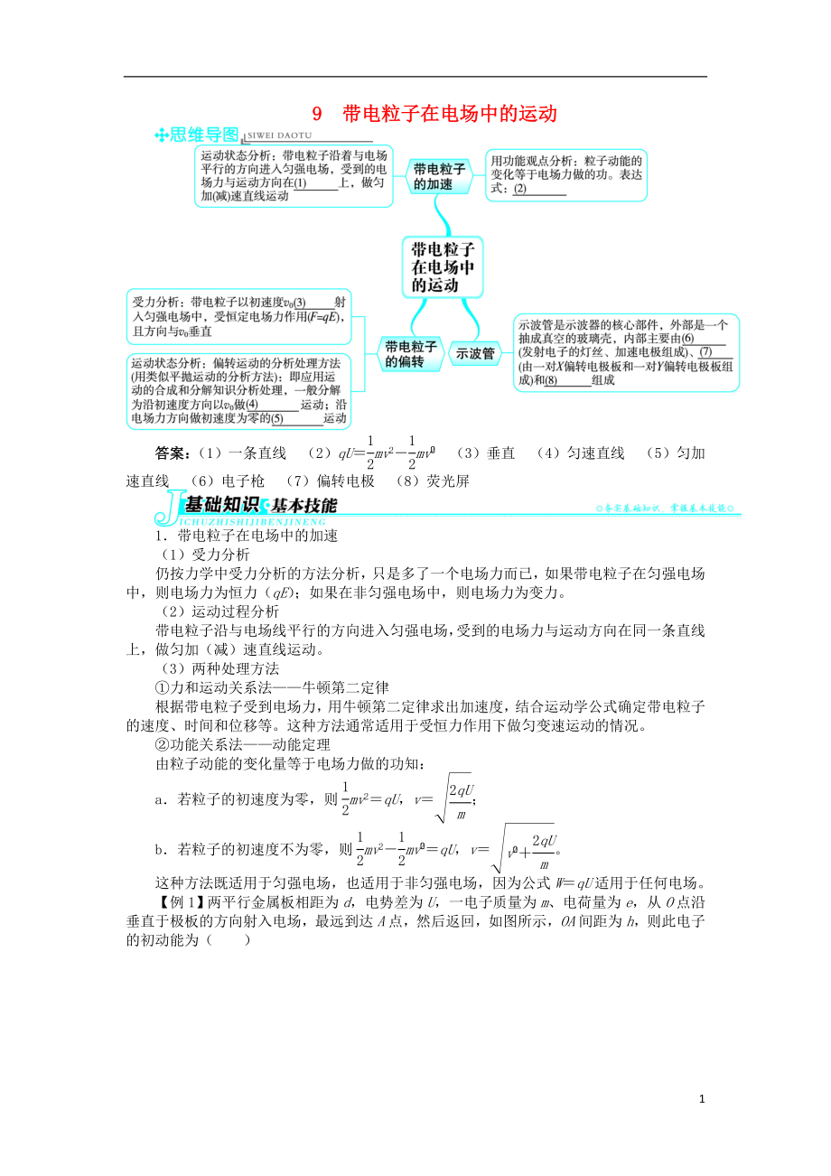 高中物理 第一章 靜電場 第9節(jié) 帶電粒子在電場中的運(yùn)動(dòng)學(xué)案 新人教版選修3-1_第1頁