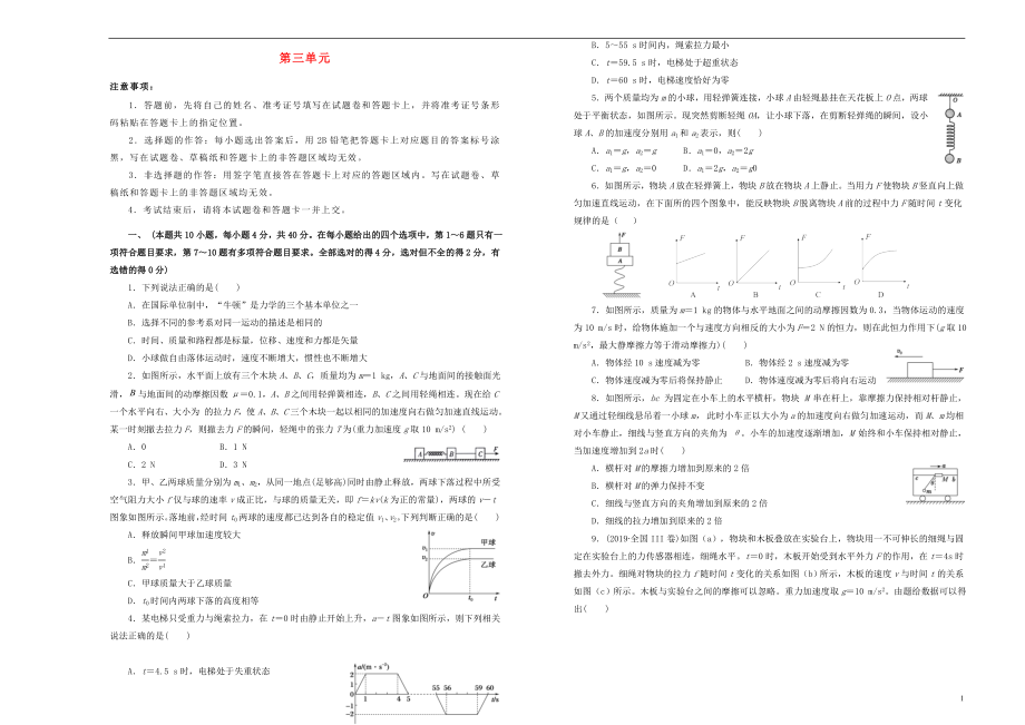 備戰(zhàn)2020年高考物理一輪復(fù)習(xí) 單元訓(xùn)練金卷 第三單元 牛頓運(yùn)動(dòng)定律B卷（含解析）_第1頁