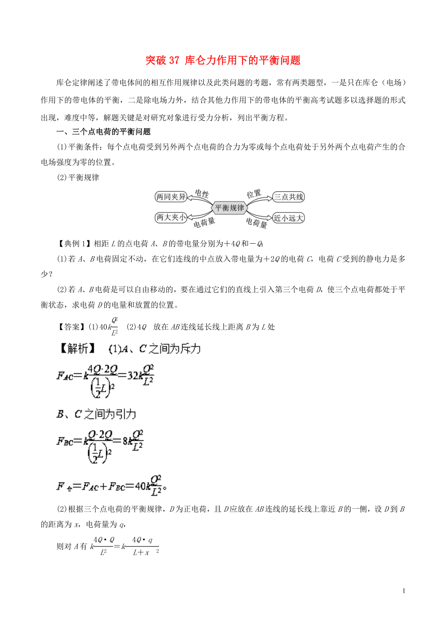 2019高考物理一轮复习 微专题系列之热点专题突破 专题37 库仑力作用下的平衡问题学案_第1页