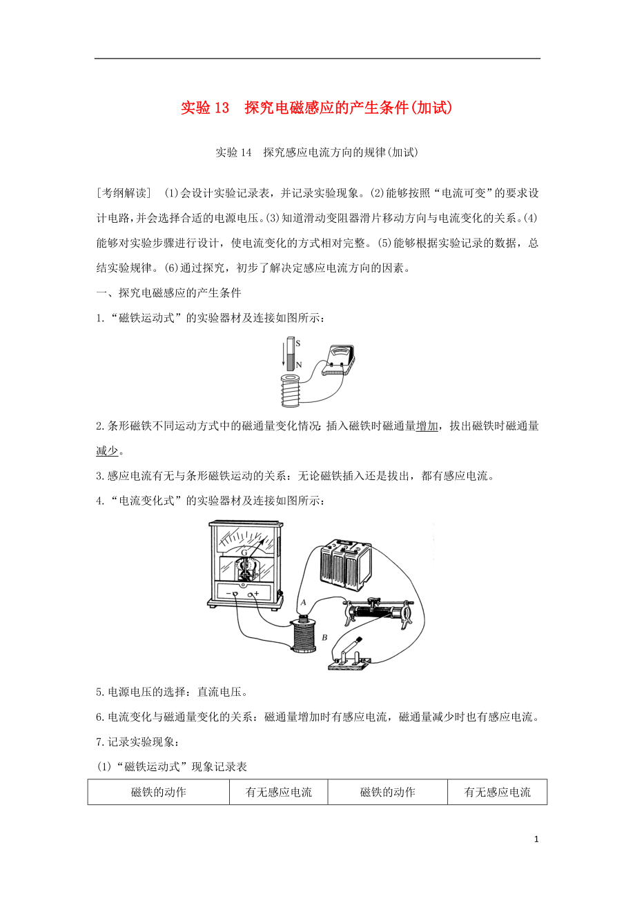 （浙江專(zhuān)版）2019版高考物理大一輪復(fù)習(xí) 第九章 電磁感應(yīng) 實(shí)驗(yàn)13 探究電磁感應(yīng)的產(chǎn)生條件 實(shí)驗(yàn)14 探究感應(yīng)電流方向的規(guī)律學(xué)案_第1頁(yè)