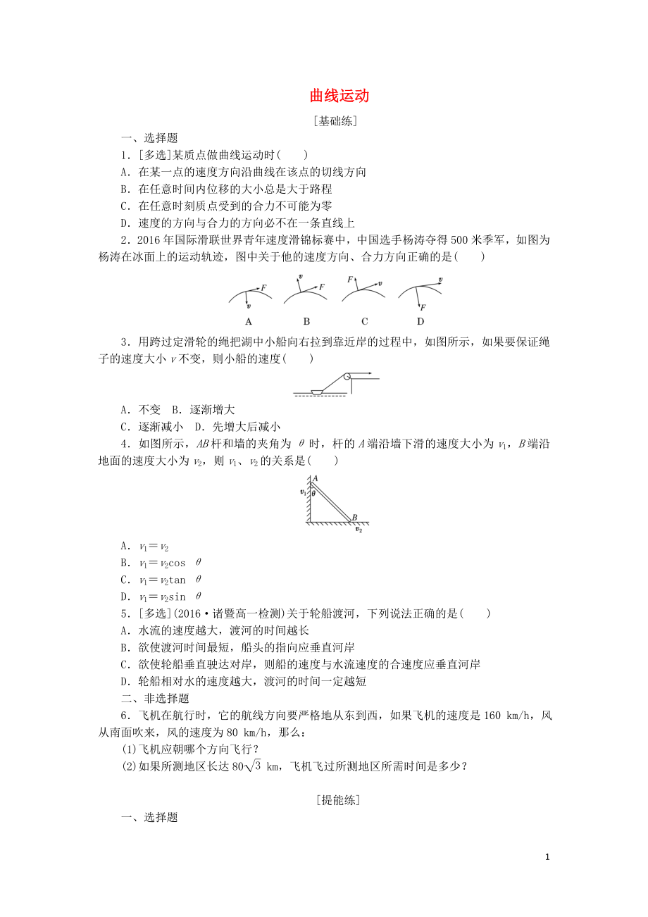 2019年高中物理 課下能力提升一 第五章 第1節(jié) 曲線運動（含解析）新人教版必修2_第1頁