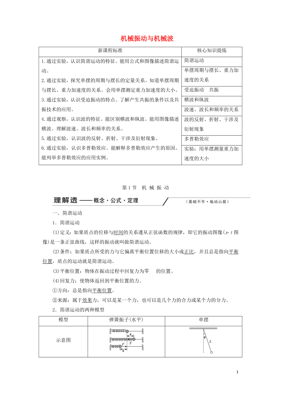 （新课改省份专用）2020版高考物理一轮复习 第十三章 第1节 机械振动学案（含解析）_第1页