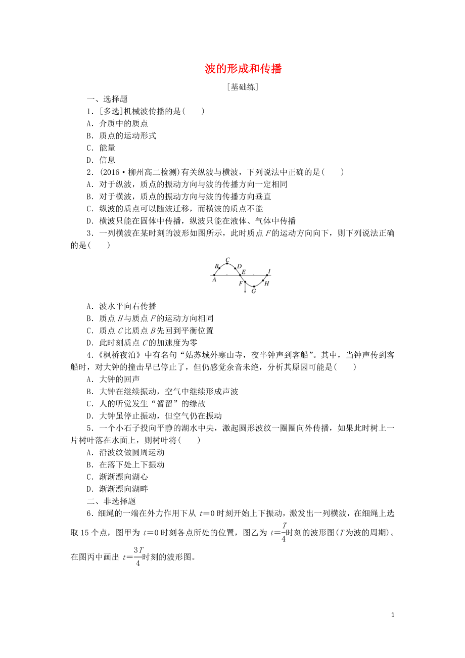 2019高中物理 课下能力提升七 第十二章 第1节 波的形成和传播（含解析）新人教版选修3-4_第1页