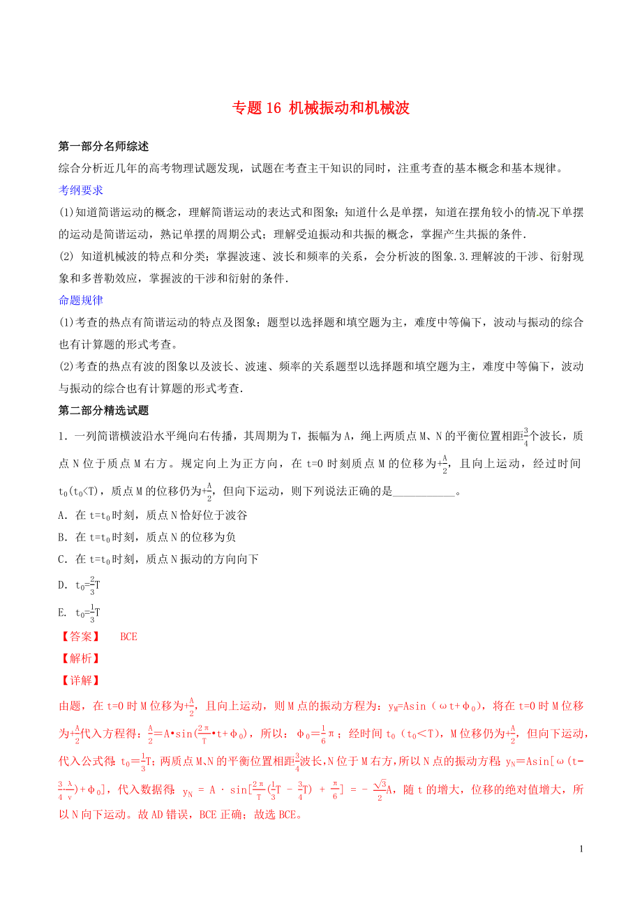 2019年高考物理備考 優(yōu)生百日闖關(guān)系列 專題16 機(jī)械振動和機(jī)械波（含解析）_第1頁