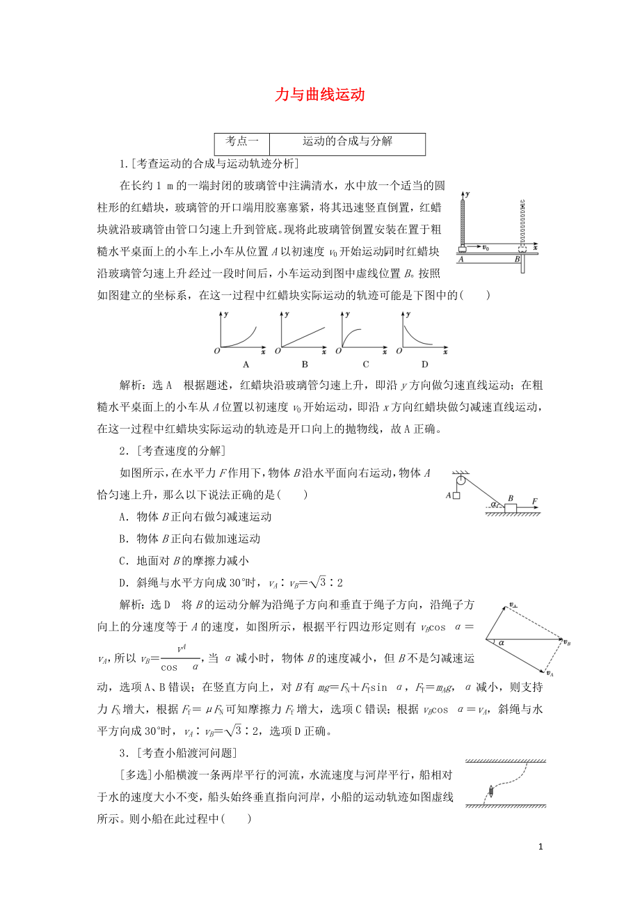 （江蘇專版）2019版高考物理二輪復(fù)習(xí) 專題一 第三講 力與曲線運動課前自測診斷卷（含解析）_第1頁