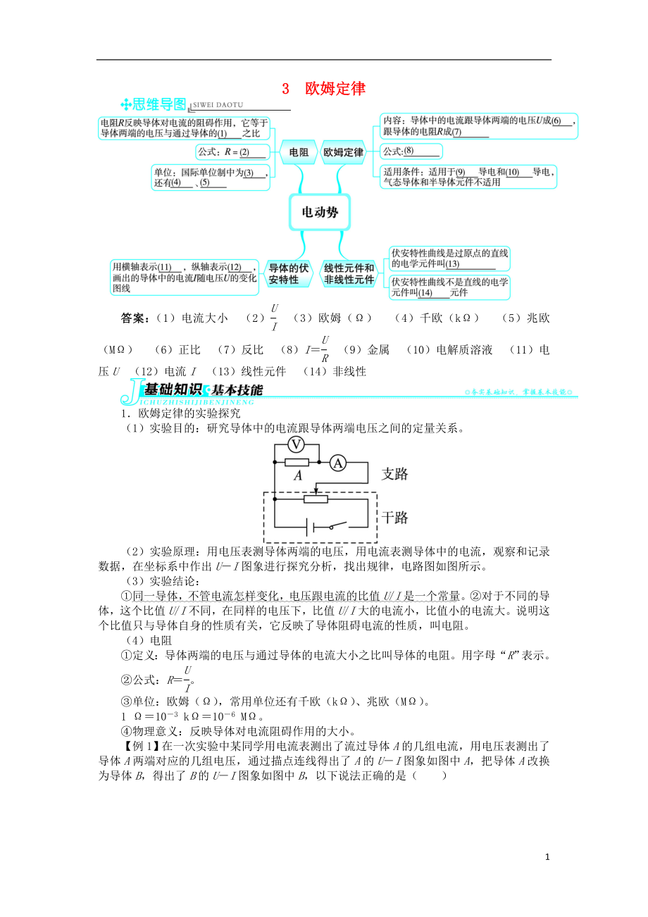 高中物理 第二章 恒定電流 第3節(jié) 歐姆定律學(xué)案 新人教版選修3-1_第1頁(yè)