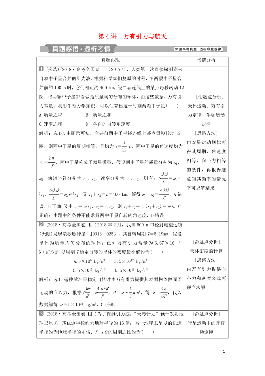 2019届高考物理二轮复习 专题一 力与运动 第4讲 万有引力与航天学案_第1页