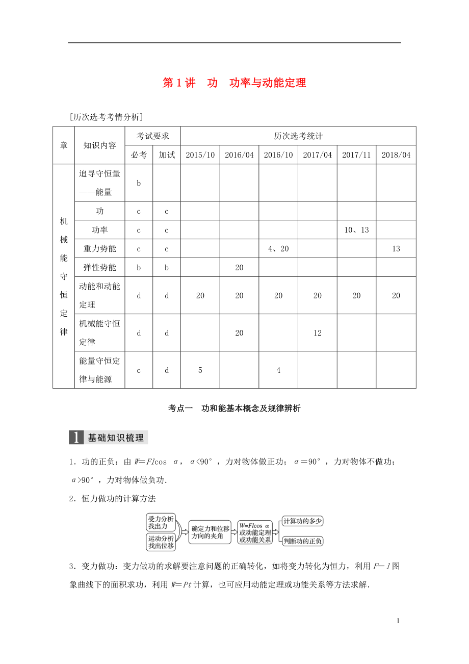 （浙江選考）2019高考物理二輪復(fù)習(xí) 專題二 能量和動(dòng)量 第1講 功 功率與動(dòng)能定理學(xué)案_第1頁(yè)