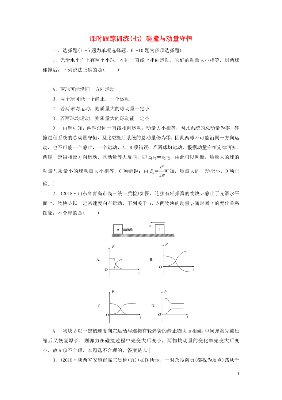 2019版高考物理二輪復(fù)習(xí) 課時(shí)跟蹤訓(xùn)練7 碰撞與動(dòng)量守恒_第1頁(yè)