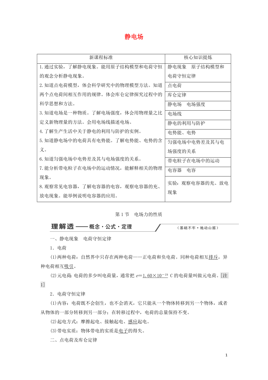 （新課改省份專(zhuān)用）2020版高考物理一輪復(fù)習(xí) 第七章 第1節(jié) 電場(chǎng)力的性質(zhì)學(xué)案（含解析）_第1頁(yè)