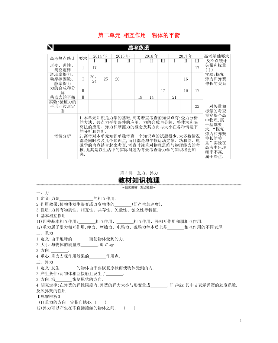 （江蘇專用）2019版高考物理大一輪復(fù)習(xí) 第2單元 相互作用 物體的平衡學(xué)案_第1頁