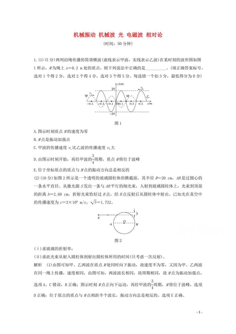 2020高考物理 章末质量检测（十四）机械振动 机械波 光 电磁波 相对论（含解析）鲁科版选修3-4_第1页